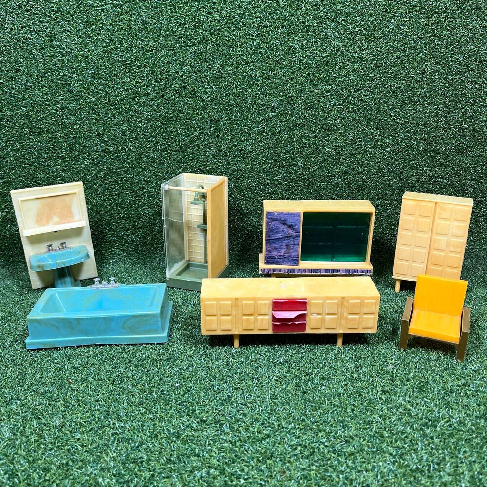 Vintage Miniature Hard Plastic Dollhouse Bathroom Set